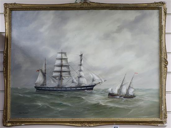 Max Parsons oil on board Shipping at sea, signed 55 x 75cm.